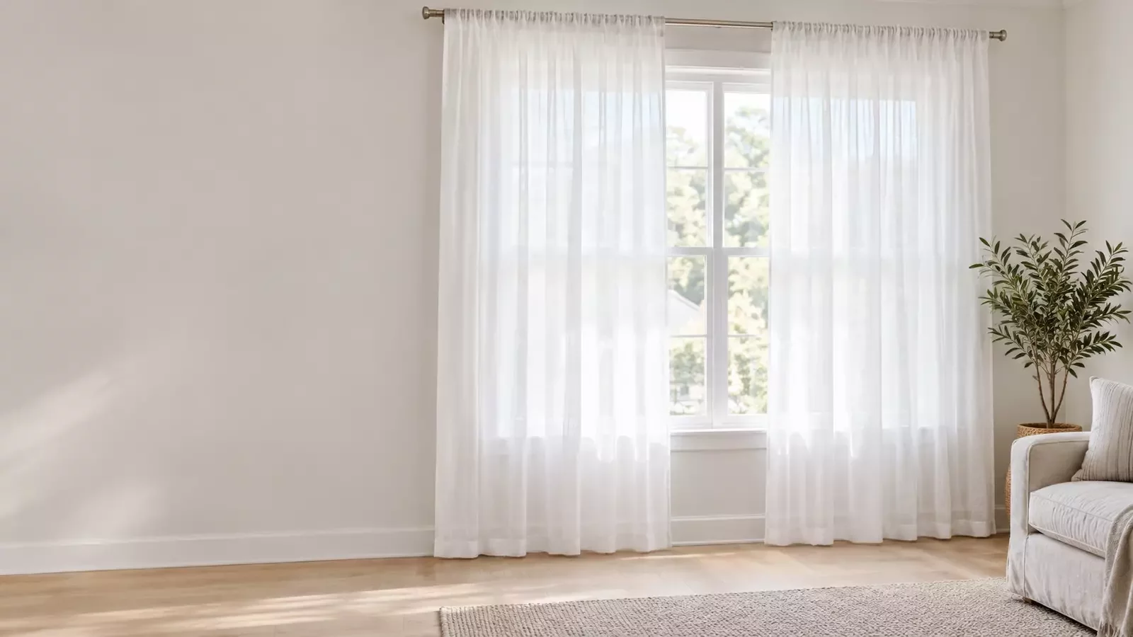 AI-generated lifestyle illustration of an American living room with white sheer curtains