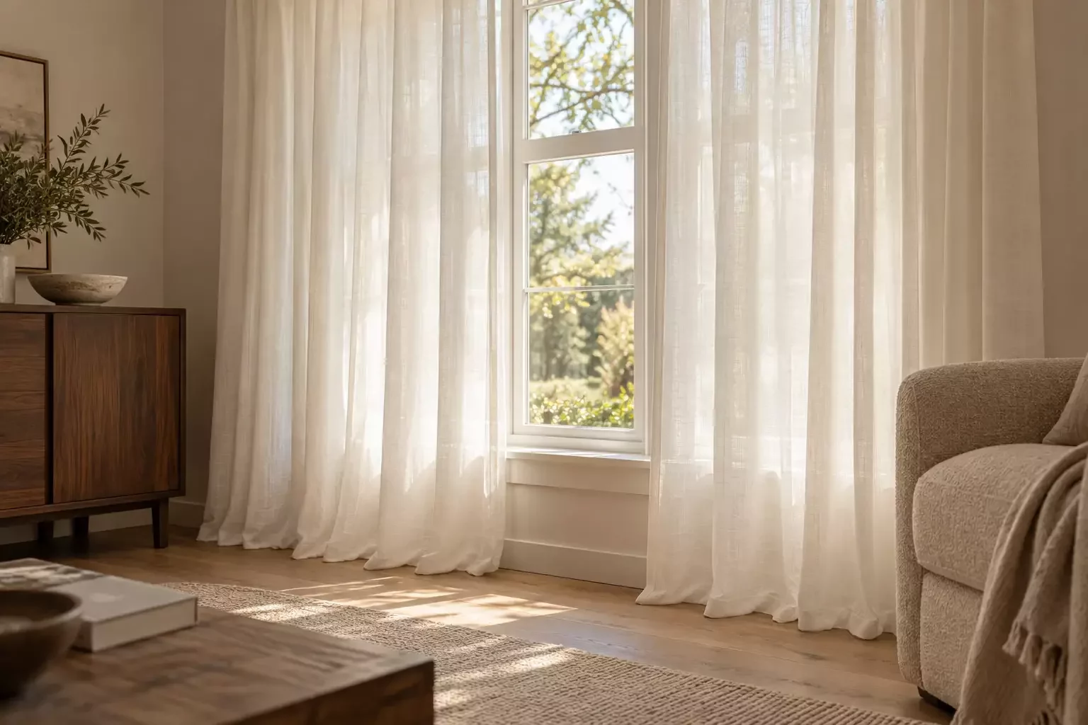AI-generated everyday living space with white sheers, a wood cabinet, a comfortable chair and warm afternoon light.