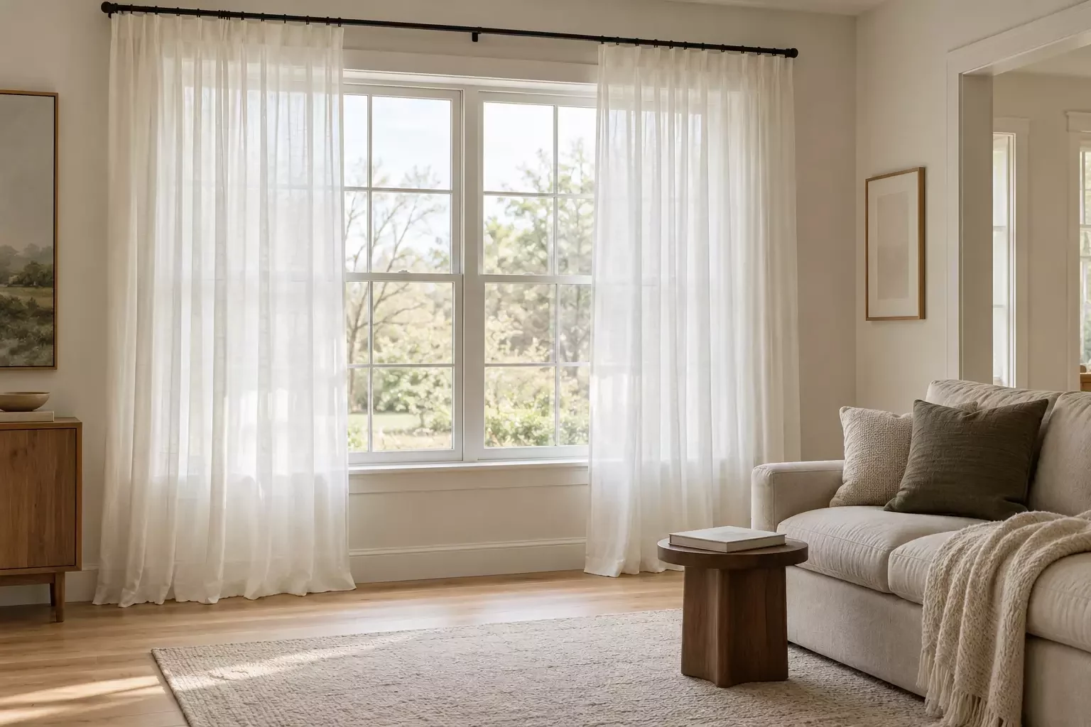 AI-generated living room with white sheer curtains framing a garden-facing window, a neutral sofa and a round wood table.