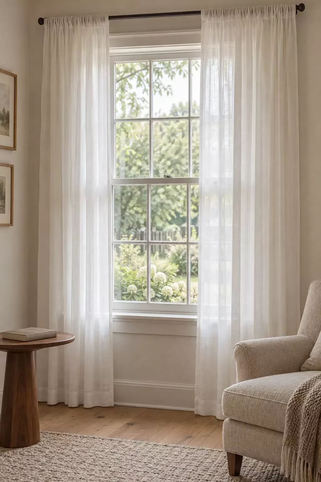 AI-generated window nook with white sheer curtains, a reading chair, a small table and a view of the garden.