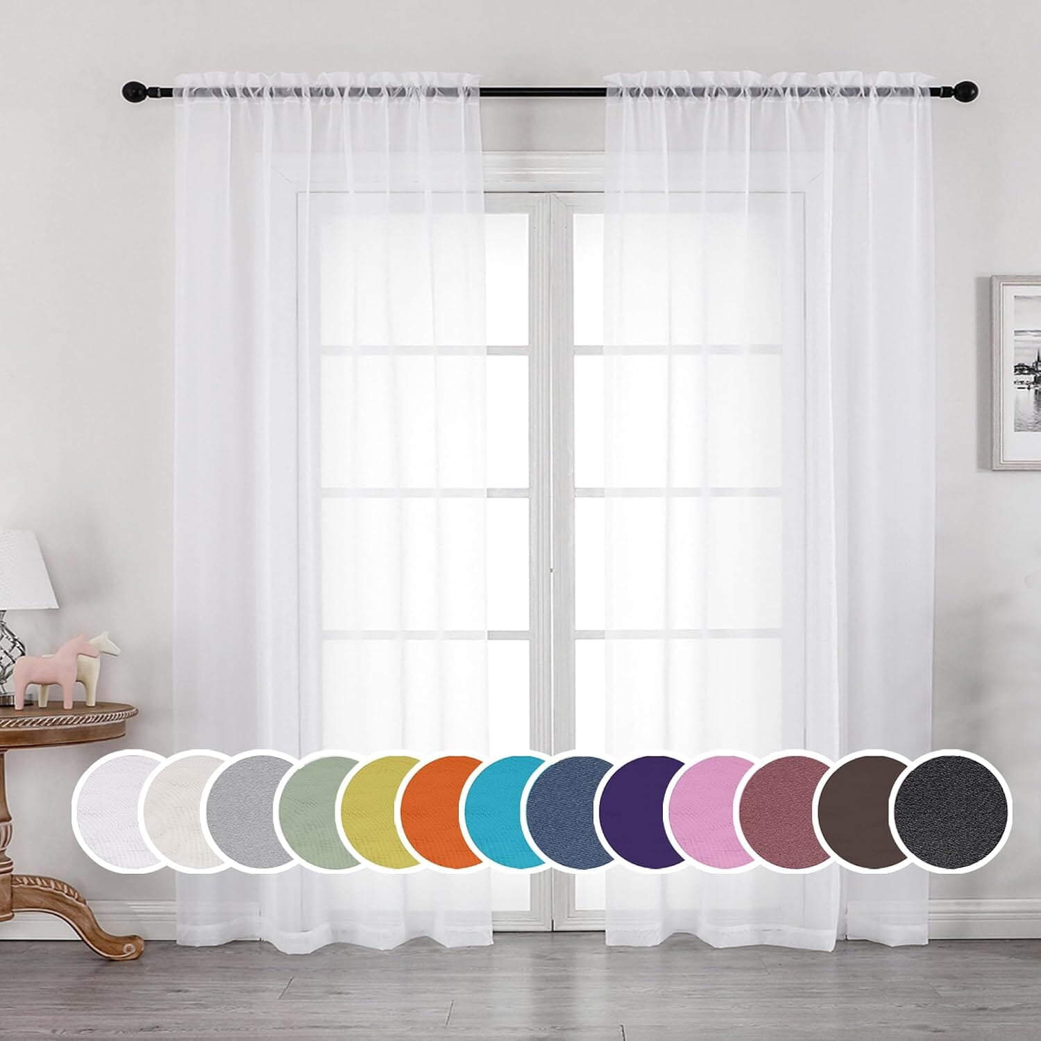 Two white sheer curtain panels with a non-interactive printed color-swatch strip